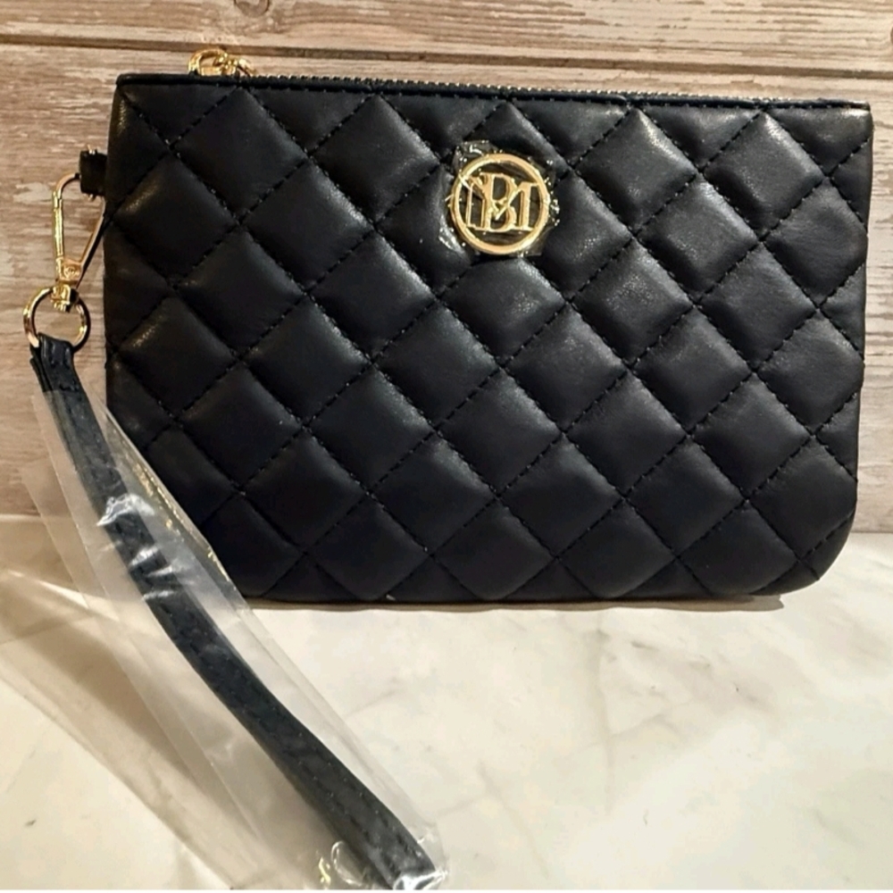 Badgley Mischka Black Quilted Wristlet with Gold Logo